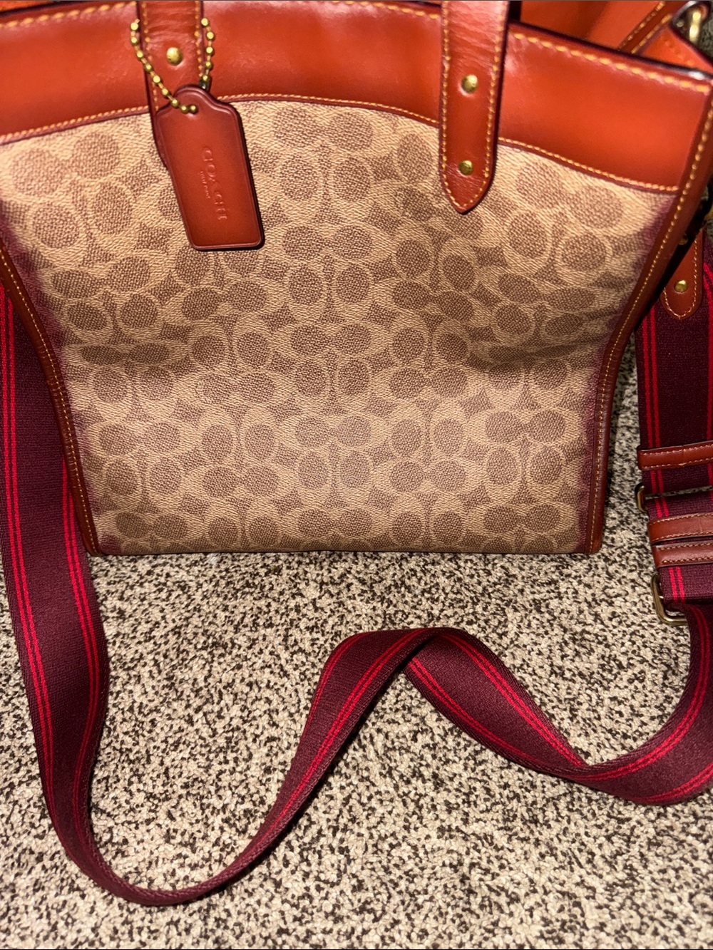 Coach Signature Canvas Tote with Brown and Red Leather Trim